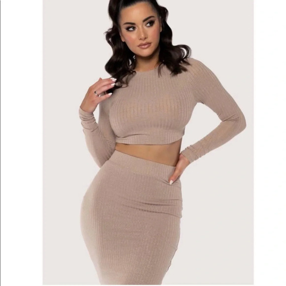 Meshki ILIANA Shimmer Rib Ribbed Long Sleeve Crop Top Nude Silver High Neck XS - Picture 11 of 11